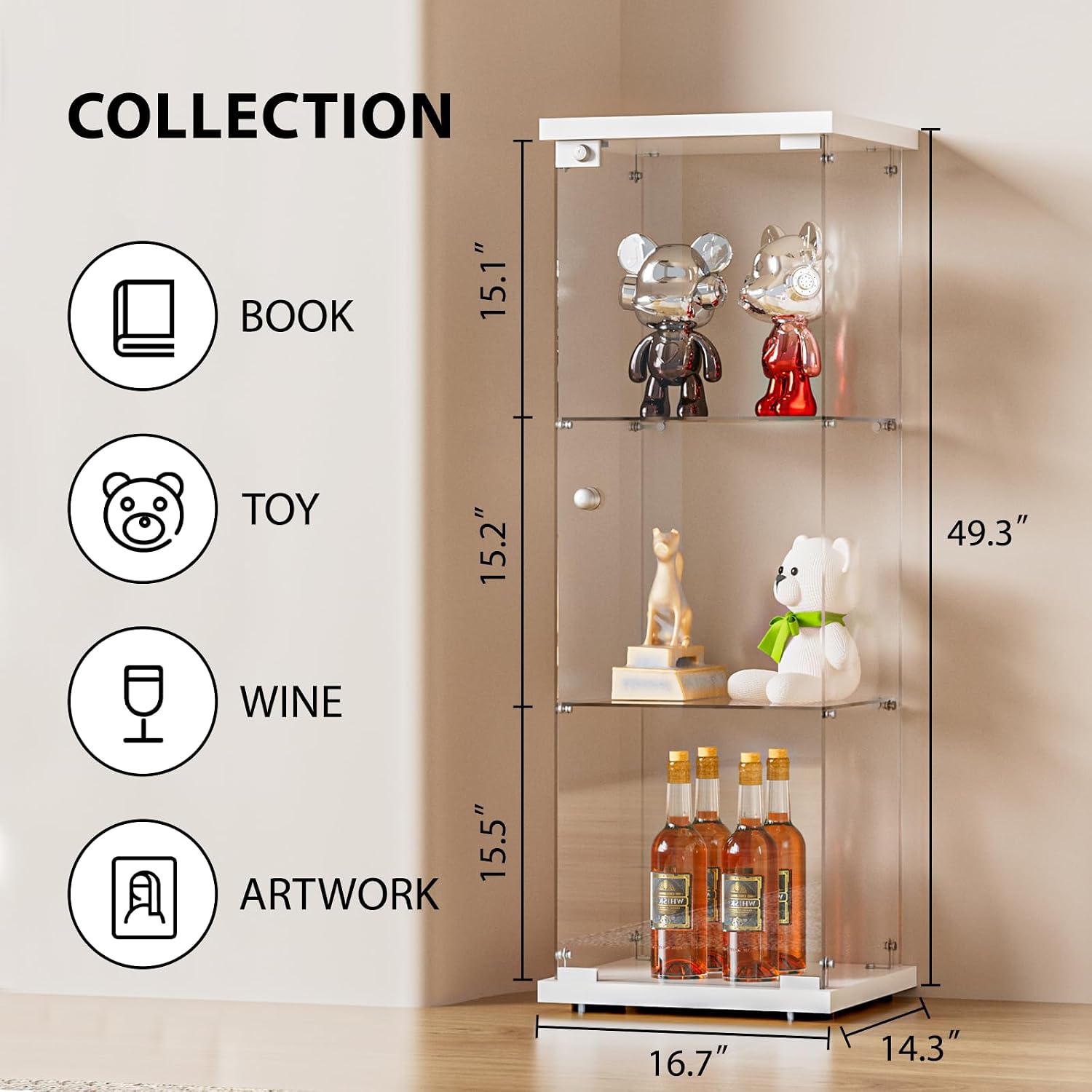 FANYUSHOW 3-Shelf Glass Display Cabinet with Door, Upgraded Quick-Install Style Curio Cabinets 4mm Tempered Glass Floor Standing Bookshelf for Bedroom, Living Room 49.1'x 16.7'x 14.3' White