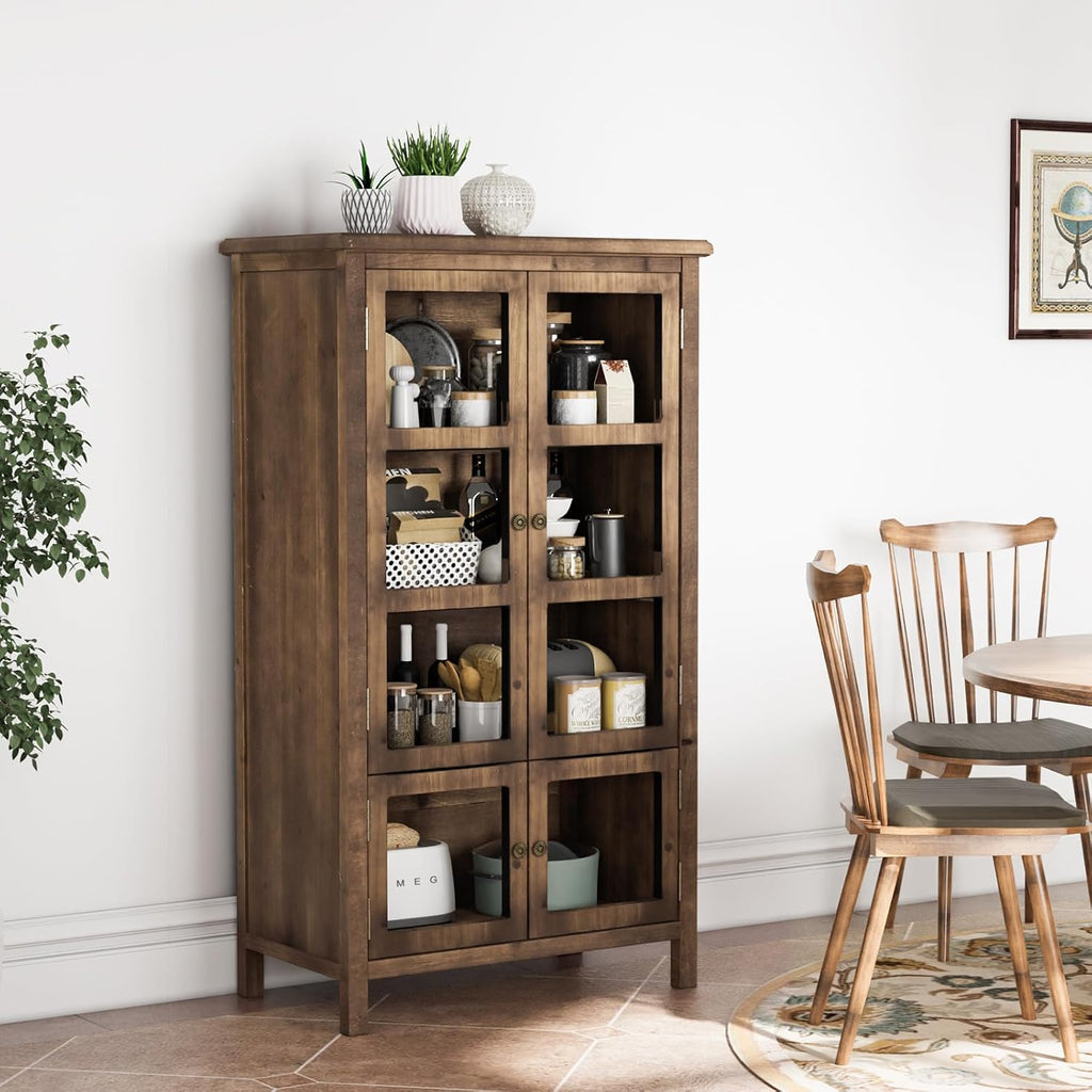 VINGLI Rustic Storage Cabinet with Glass Doors & Shelves, Showcase Display Cabinet with Cedar Wood Finish, Walnut