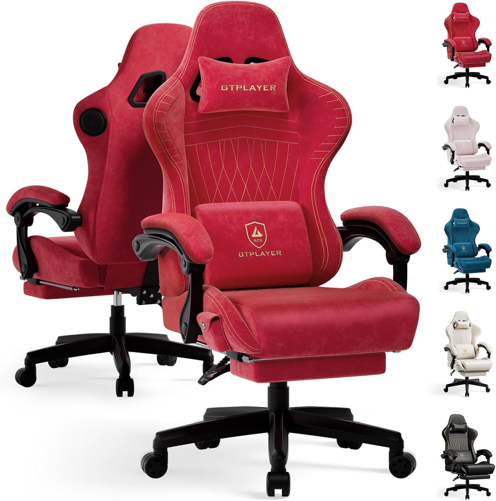 GTPLAYER ACE-PRO Music Gaming Chairs – Built-in Speakers, App Support & Bluetooth Control, Computer Game Chairs with Footrest for Adults, Ergonomic, Reclining, Linkage Armrest, Cherry Red 【Velvet】