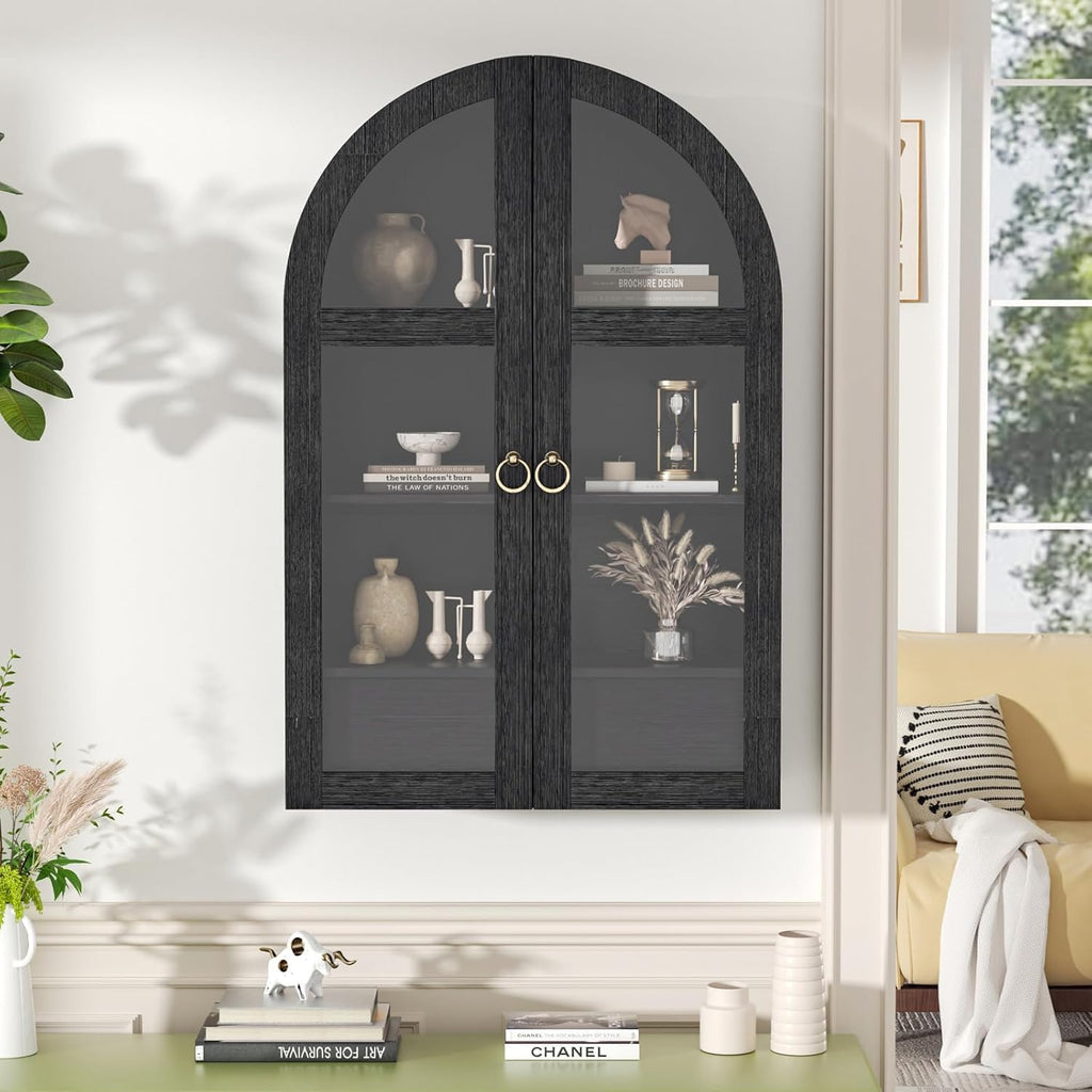 Arched Wall Cabinet with Tempered Glass Doors, 23.5×31.4 Inch Hanging Storage Cabinet with Adjustable Shelf, Glass Display Cabinet for Bathroom, Kitchen, Living Room, Black