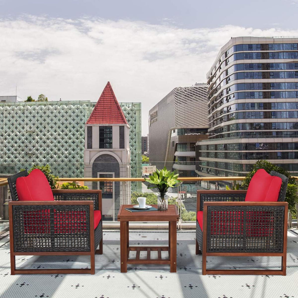 Tangkula 3 Pieces Patio Wicker Furniture Set, Rattan Outdoor Sofa Set w/Washable Cushion & Acacia Wood Coffee Table, Conversation Bistro Set for Garden Balcony Backyard (Red)