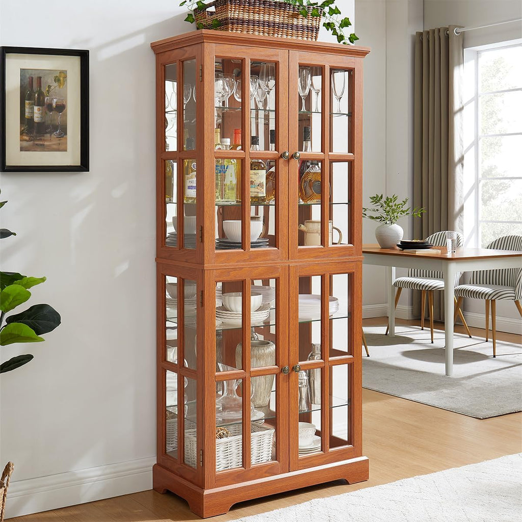 Lighted Glass Curio Cabinet with Lights & Adjustable Shelves,Curio Display Cabinet with Wood Frame & Glass Door,Corner Antique Display Case for Kitchen,Living Room,Office