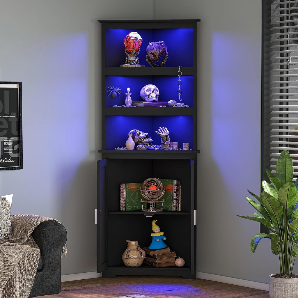 TEENFON Corner Cabinet, Tall Corner Hutch with 5 Shelves & 2 Doors, Bathroom Cabinet with Adjustable Shelf, for Living Room, Kitchen, Bathroom, Black
