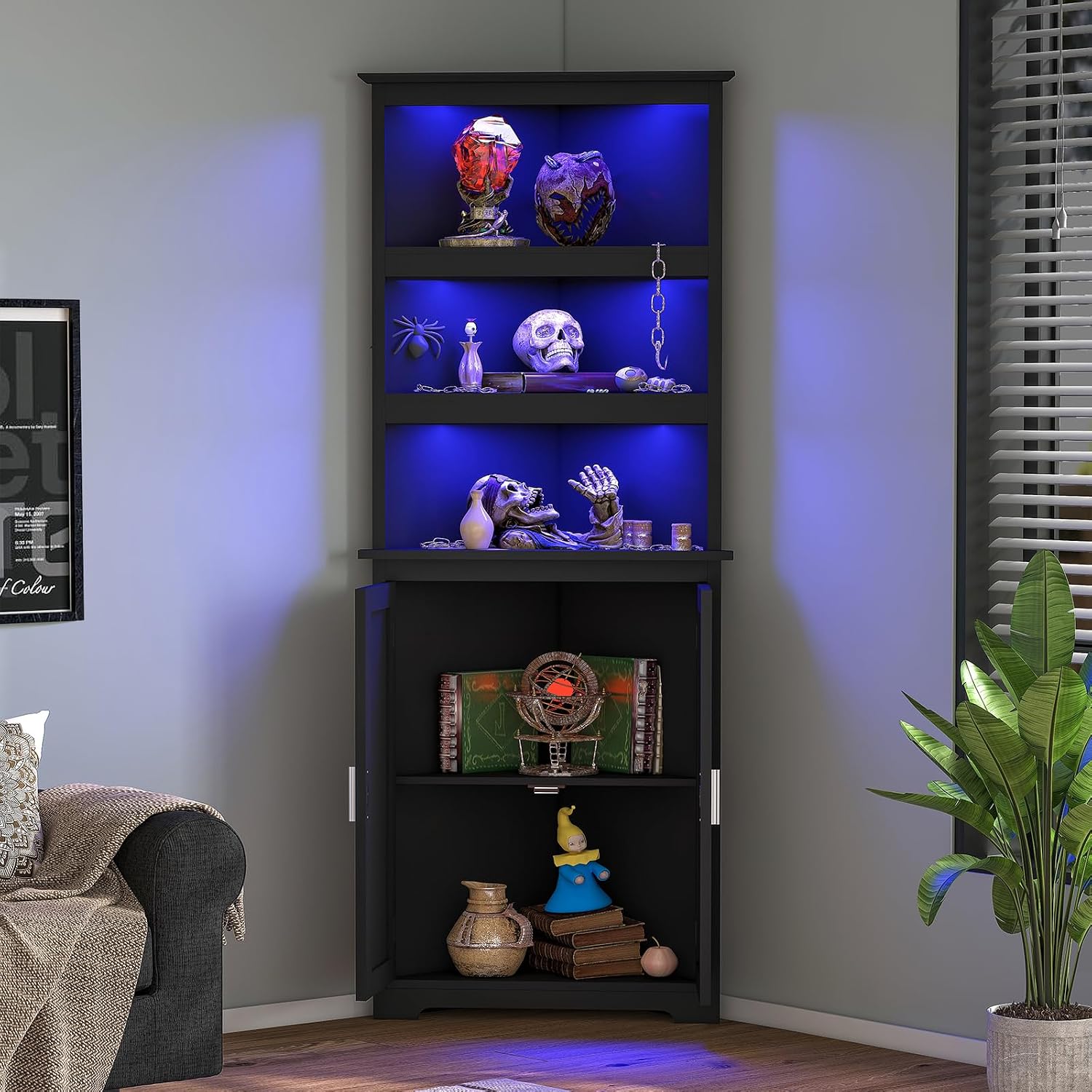 TEENFON Corner Cabinet, Tall Corner Hutch with 5 Shelves & 2 Doors, Bathroom Cabinet with Adjustable Shelf, for Living Room, Kitchen, Bathroom, Black
