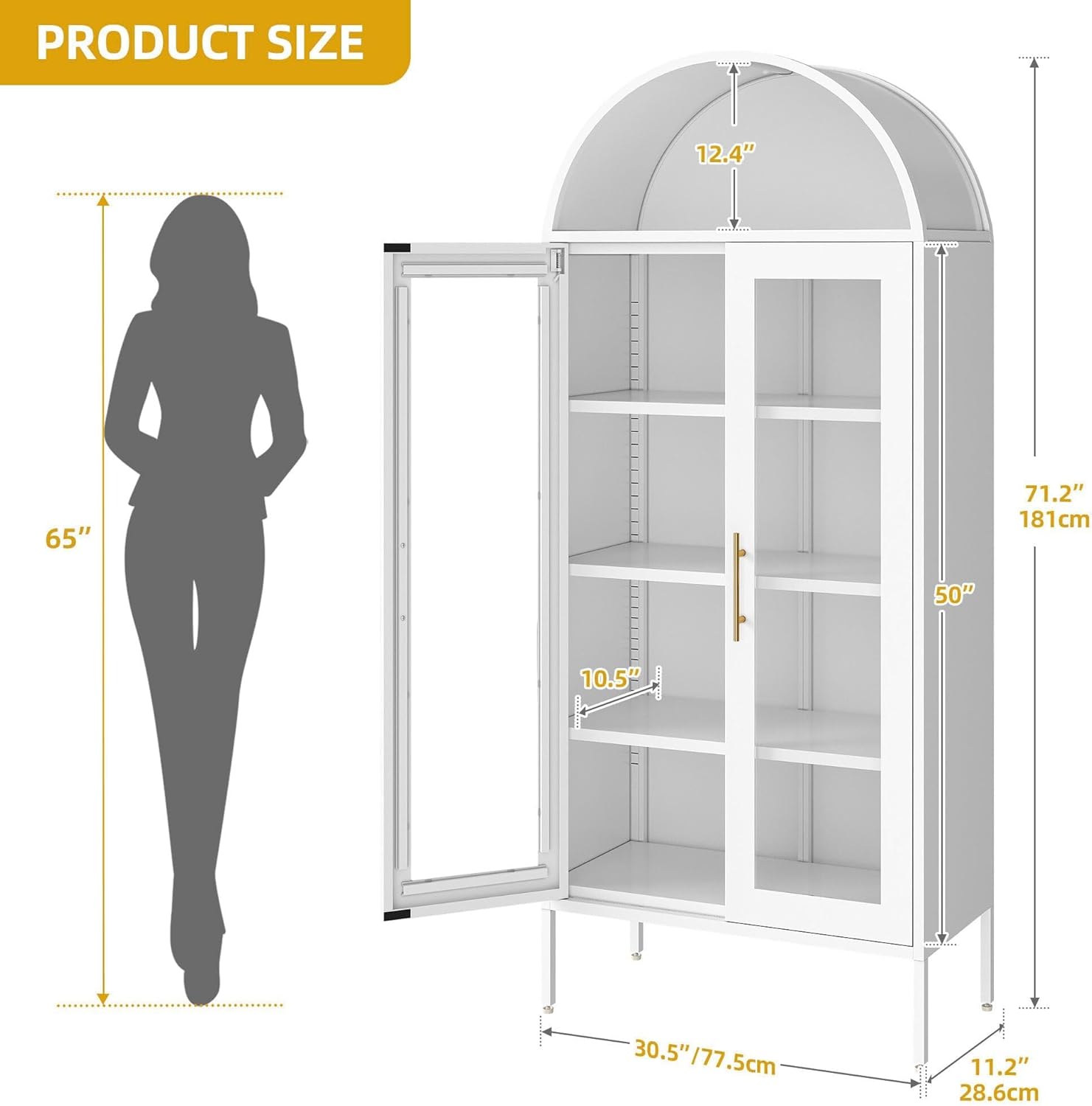 DWVO Arched Display Cabinet with Glass Doors, 71' Tall Storage Organizer Cabinet with Adjustable Shelves, Curio Cabinet with LED Lights, 5 Tier Bookcase for Collectibles Living Room Office, White