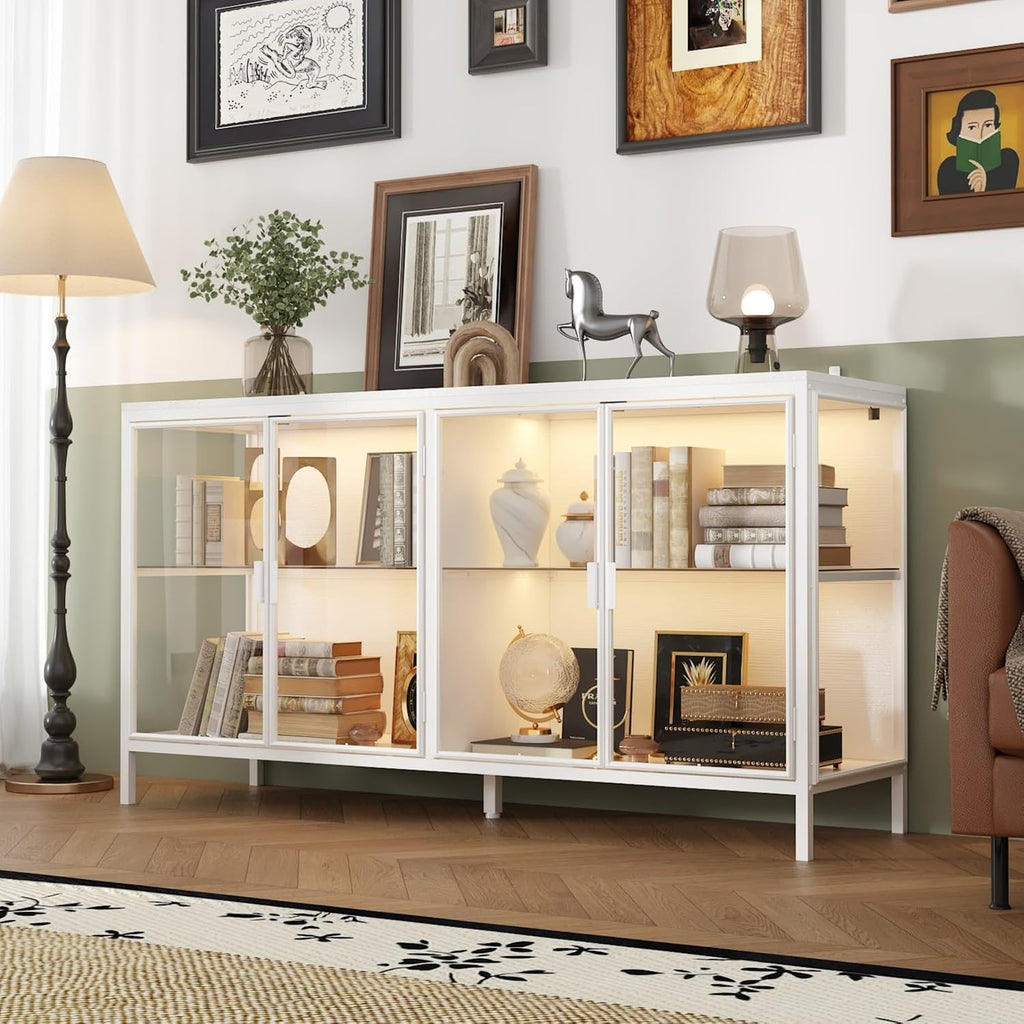 Display Cabinet with Glass Doors & LED Lights, Sideboard Buffet with Glass Shelves & Metal Frame, for Living Room White, 55.1'W x 15.7'D x 29.5'H