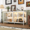 Display Cabinet with Glass Doors & LED Lights, Sideboard Buffet with Glass Shelves & Metal Frame, for Living Room White, 55.1'W x 15.7'D x 29.5'H