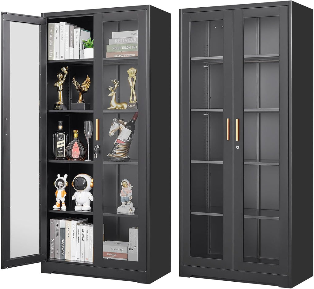 Polup Glass Display Cabinet with Lock, Metal Curio Cabinet with Tempered Glass Doors & Adjustable Shelves, Heavy-Duty China Cabinets for Living Room, School, Commercial, Black, Assembly Required