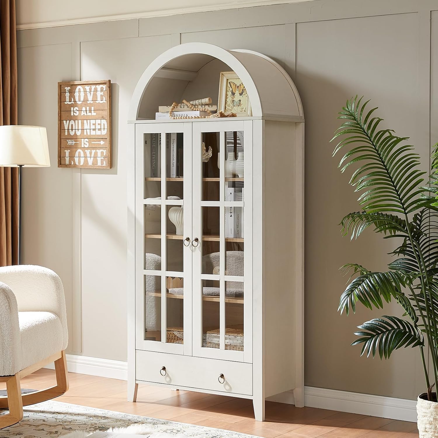 70' Tall Arched Cabinet, Modern Farmhouse Wooden Display Cabinet with Glass Doors, 6 Tier Bookshelf with Adjustable Shelves for Living Room, Office, Antique White