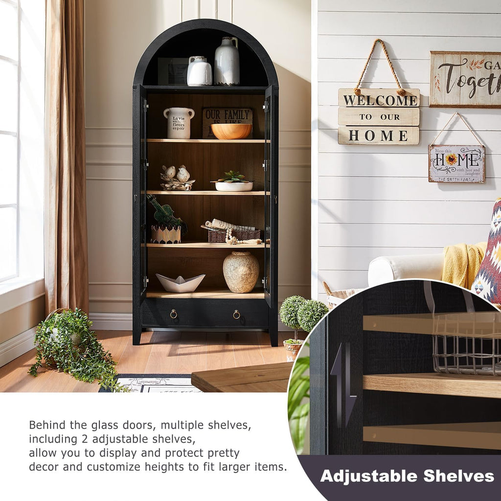 70' Tall Arched Cabinet, Modern Farmhouse Wooden Display Cabinet with Glass Doors, 6 Tier Bookshelf with Adjustable Shelves for Living Room, Office, Black