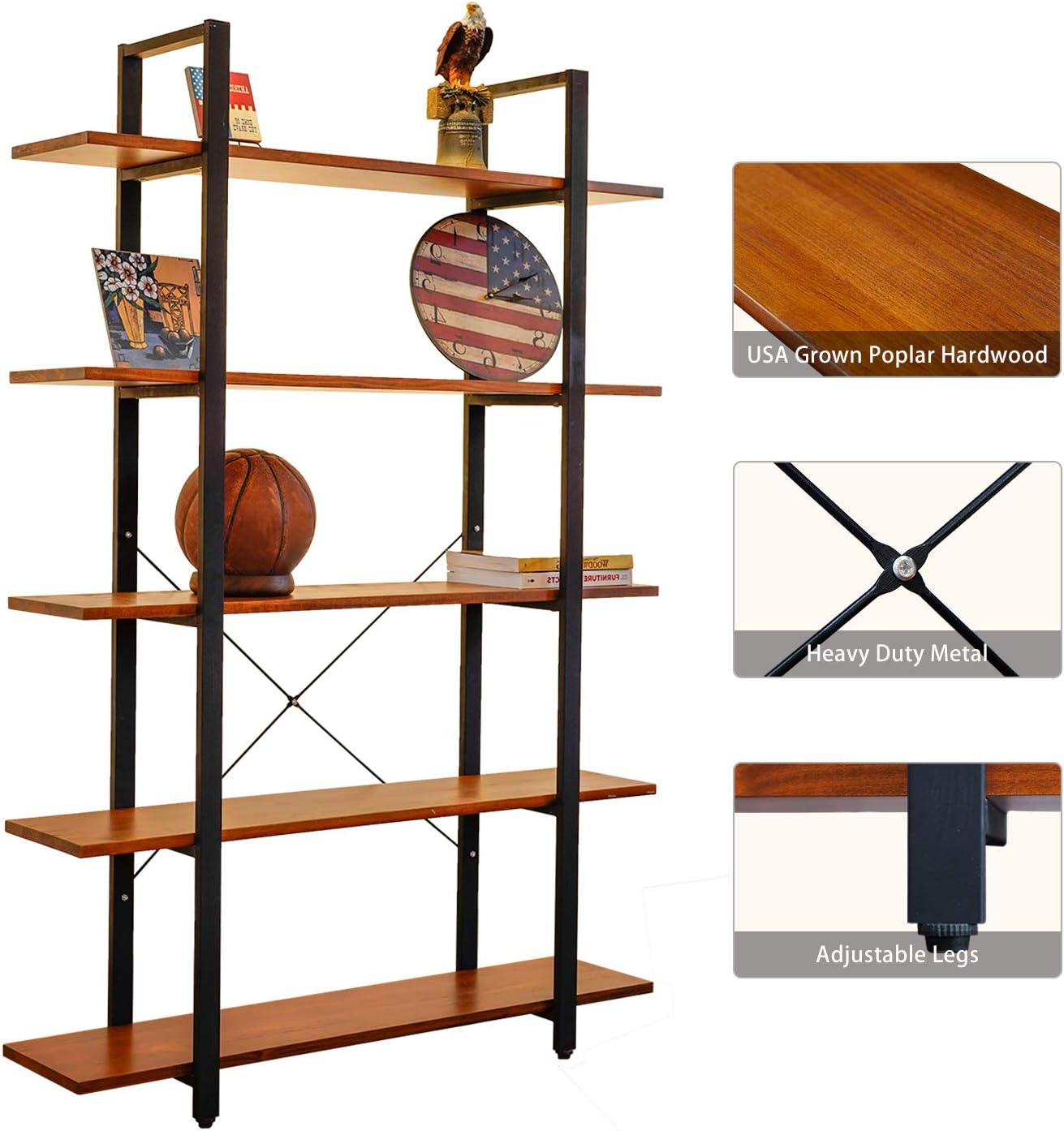 CONSDAN Industrial Bookshelf, USA Grown Hardwood, Real Wood Bookshelves, Modern Open Rustic Bookcase, Storage Shelf, Display Shelf, Poplar Solid Wood-5 Tier Shelf