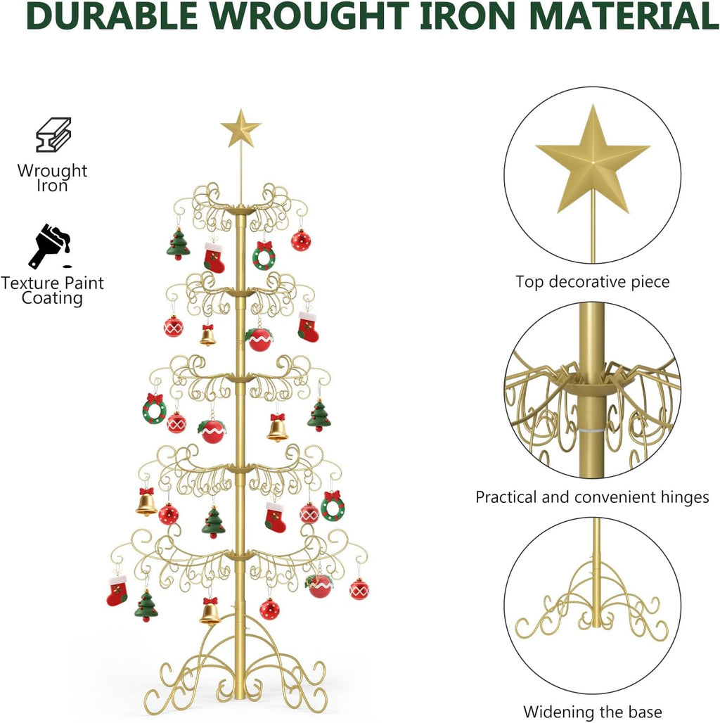 SUNYRISY 2Pack 6Ft Metal Ornament Display Stand Wrought Iron Christmas Tree with Wire Hanging Hooks for Holiday Christmas Halloween Balls Decoration Gift, Gold