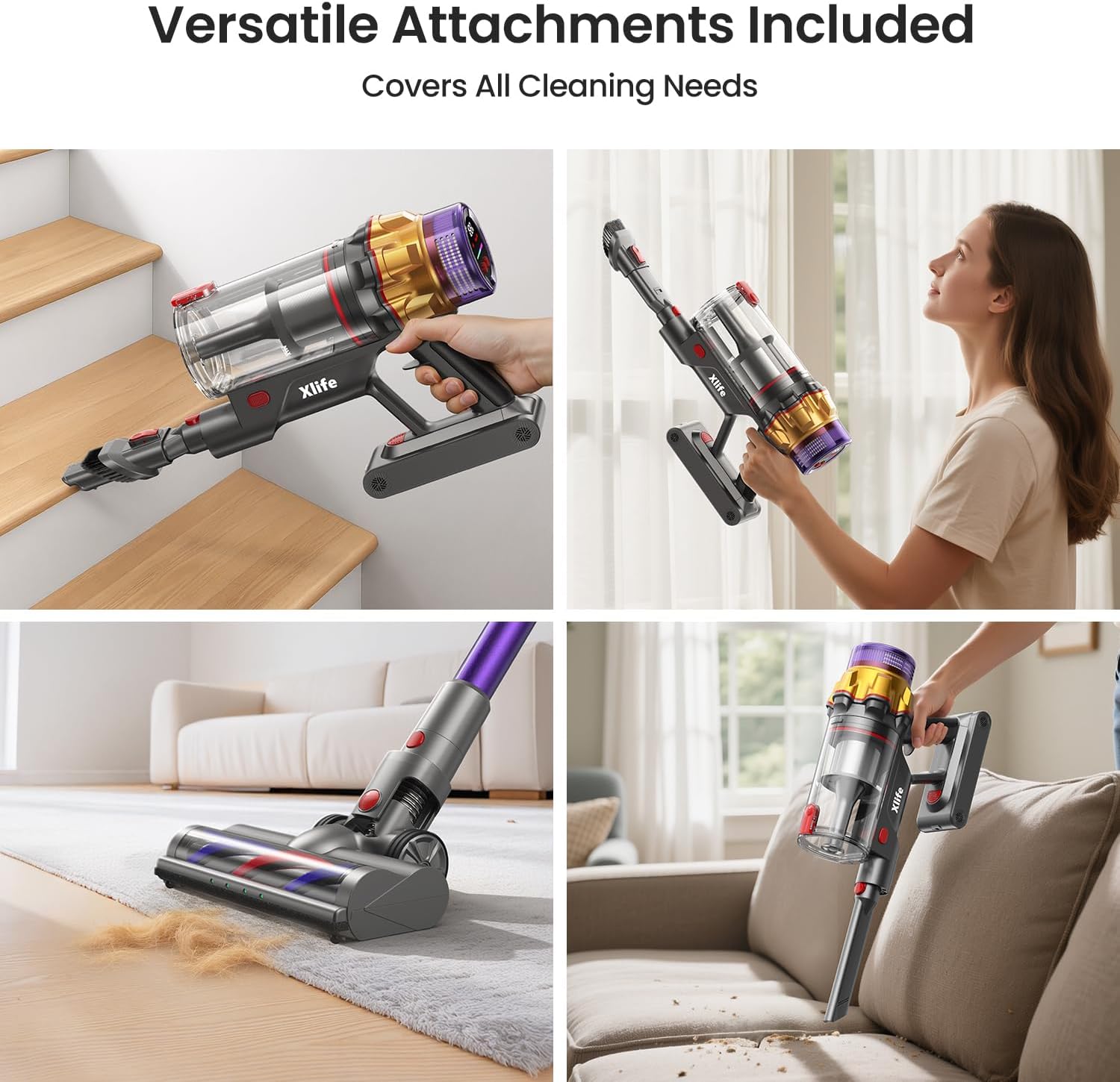 Xlife Cordless Vacuum Cleaner, 550W 48KPA Stick Vacuum Cleaners for Home, Wireless Vacumm with Self-Standing, Anti-Tangle Brush for Hardwood Floor/Carpet/Pet Hair-P12
