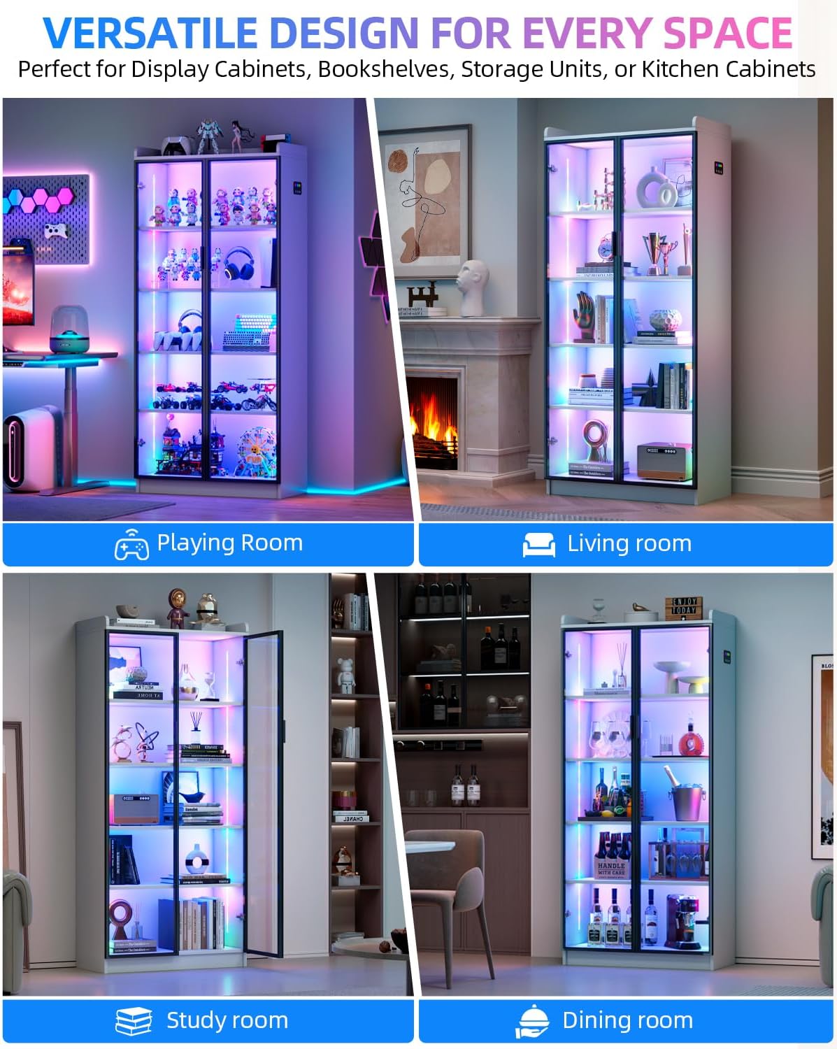 FREDEES Display Cabinet with Glass Doors, 5-Tier Curio Cabinet with Motion Sensor RGB Lights, 65' Tall Glass Display Case with Adjustable Shelves for Collectibles, Figures, Books, White