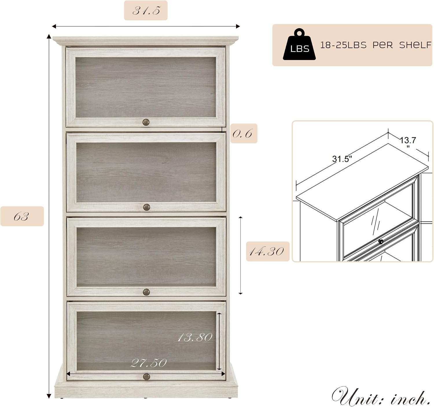 Tall Bookcase with Glass Doors, 63' H Farmhouse Glass Curio Display Cabinet with Flip up Doors, Elegant Storage Cabinet with 4-Tier Shelves, Rack for Living Room (White)