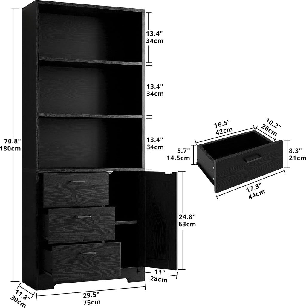 IRONCK Bookshelf with Drawers, 71 in Tall Bookcase with Doors and 3-Tier Shelves, for Bedroom Living Room Entrance Hallway Home Office