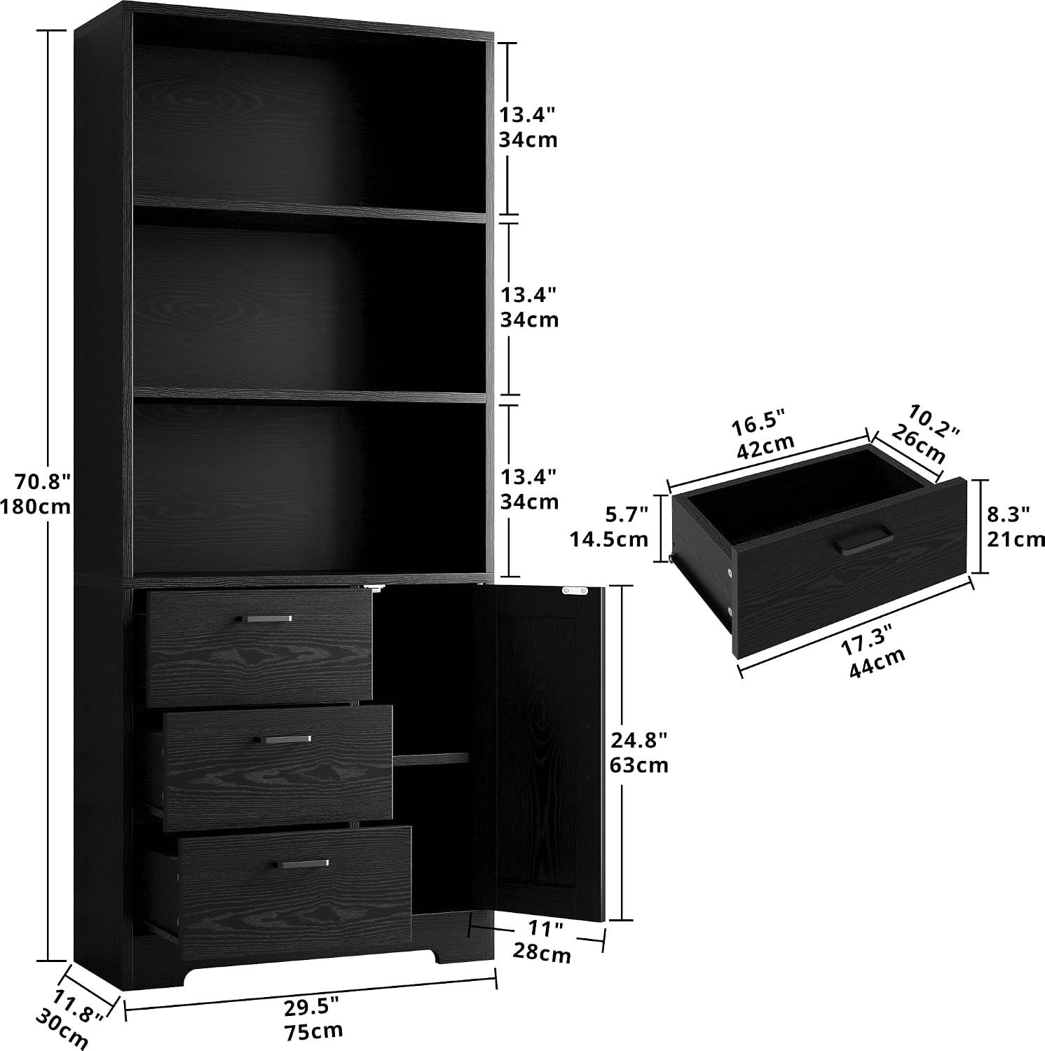 IRONCK Bookshelf with Drawers, 71 in Tall Bookcase with Doors and 3-Tier Shelves, for Bedroom Living Room Entrance Hallway Home Office