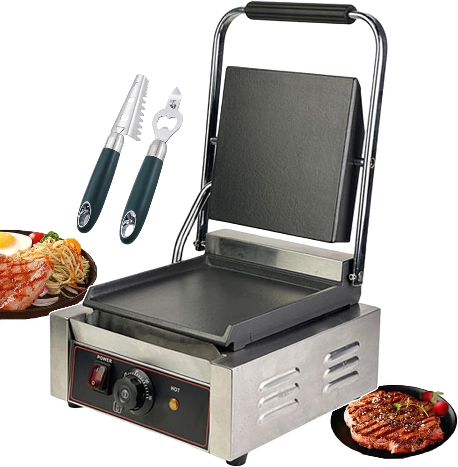 Sandwich Press Grill + Fish Scaler + Corkscrew, Electric Contact Grill with Adjustable Temperature 50-300℃, Nonstick Sandwich Toasters Sandwich Press for Outdoor Camping, Groo/Smoo