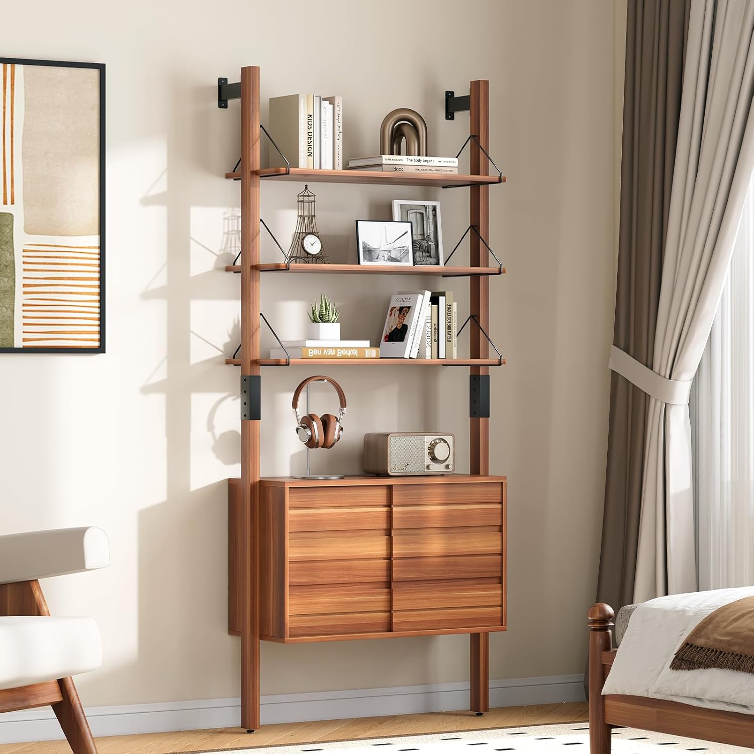 JOINICE, Ladder Bookshelf with Storage Cabinet, Mid Century Modern Wall Mounted Bookcase with Wood and Metal Frame, 6 Tier Open Display Shelves for Living Room, Bedroom, Home Office, Cherry