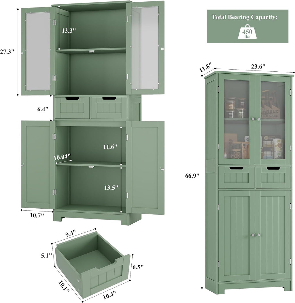 HORSTORS 67' Tall Bathroom Storage Cabinet, Freestanding Storage Cabinet with Glass Door and Shelves, Kitchen Pantry Linen Cabinet with 2 Drawers for Bathroom, Living Room, Dining Room, Green
