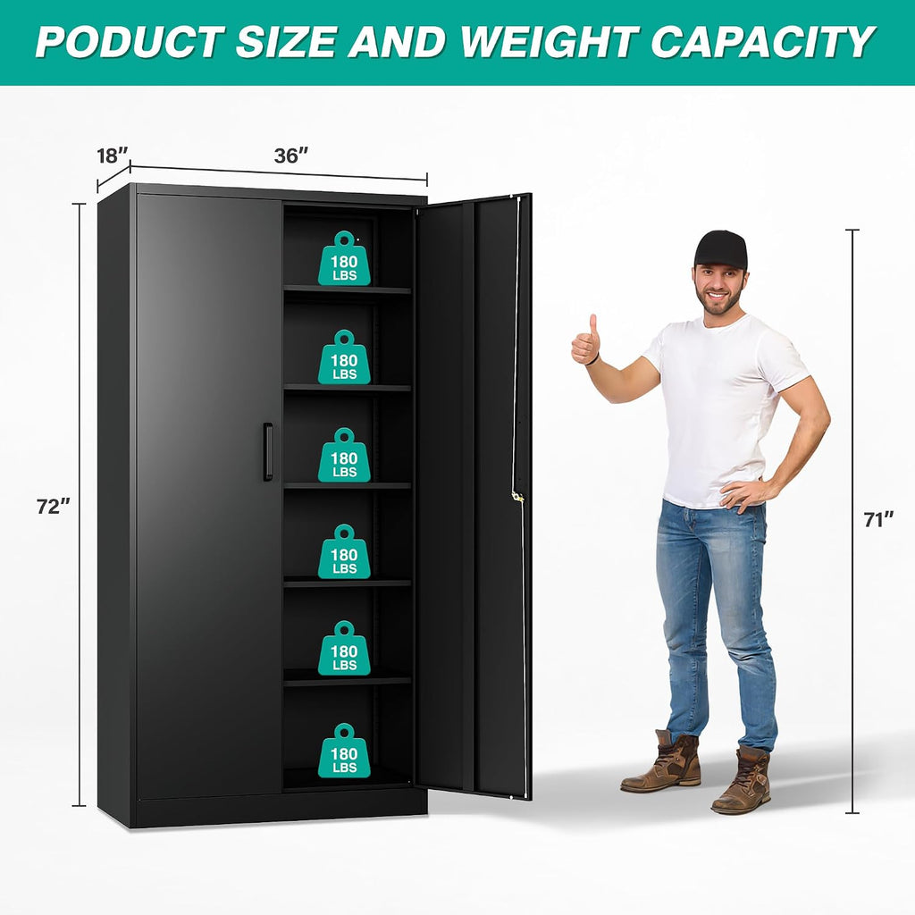 SISESOL Wide & Deep Metal Storage Cabinet with 2 Doors and 6 Shelves,72x36x18 Garage Storage Cabinet,Tall Black Locking Metal Cabinets with Lock,Steel Locked Cabinets for Home,Office,Garage,School