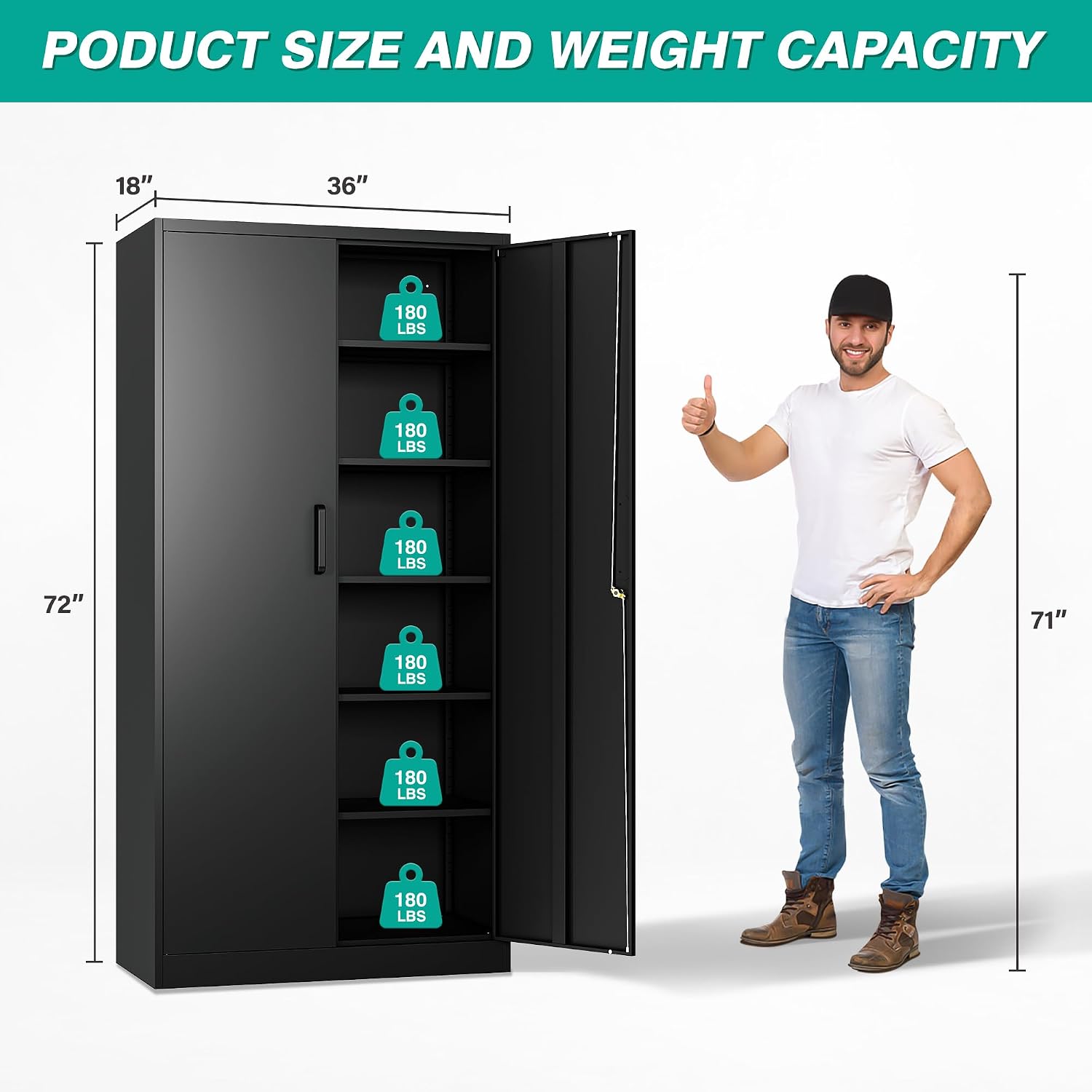 SISESOL Wide & Deep Metal Storage Cabinet with 2 Doors and 6 Shelves,72x36x18 Garage Storage Cabinet,Tall Black Locking Metal Cabinets with Lock,Steel Locked Cabinets for Home,Office,Garage,School