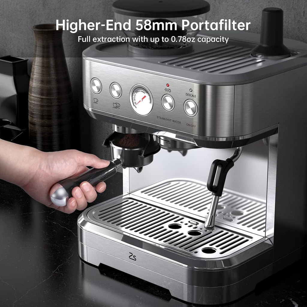 Espresso Machine 15 Bar, LCD Display Espresso Maker with Grinder, Milk Frother and PID Temperature Control, Professional Coffee Maker for Latte Cappuccino - 8.8 Oz Bean Hopper