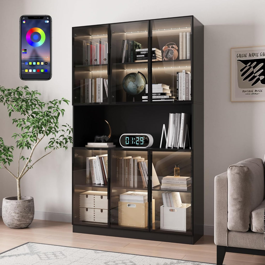 Bobve 78.7' H Display Cabinet with 6 Glass Doors and APP Control LED Lights,Storage Cabinets Modern Bookcase with Hutch for Collectible,Display Case Trophy Case,Black