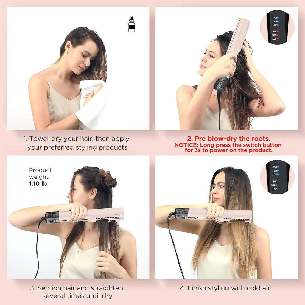 IG INGLAM Air Straightener, Style from Wet Hair, 2.2' Hair Dryer Straightener, 200M Negative Ionic, One-Step Air Straight for Medium and Long Hair(14'-30'), Pink