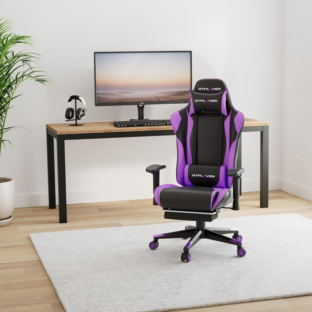 GTPLAYER Gaming Chair with Footrest, Ergonomic Computer Game Desk Chair, Reclining Gamer Chair Seat Height Adjustment, Swivel Rocker with Headrest and Lumbar, Purple