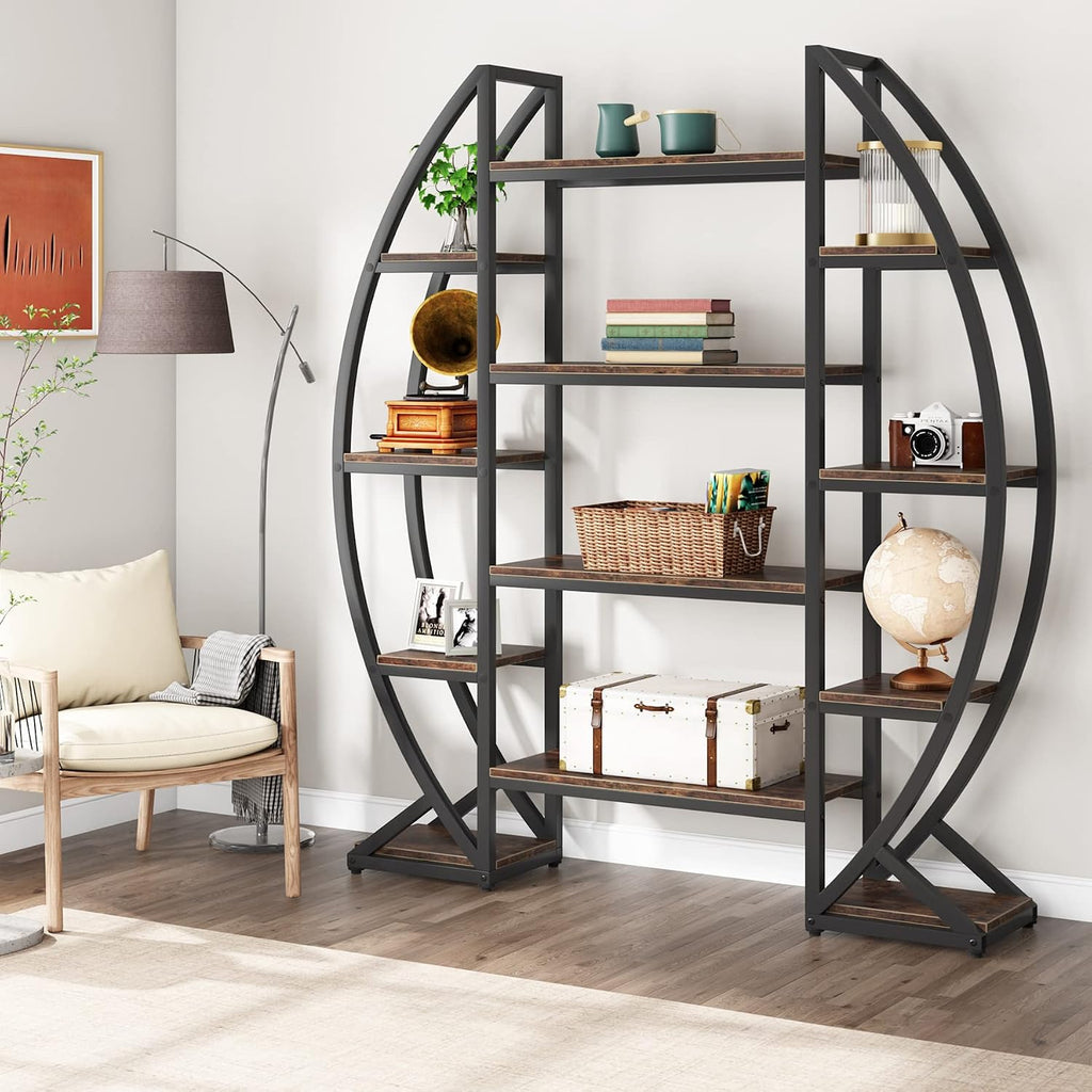 Tribesigns Oval Bookshelf, Triple Wide 5 Tier Etagere Bookcase, Industrial Display Shelves for Living Room (Brown, 55')