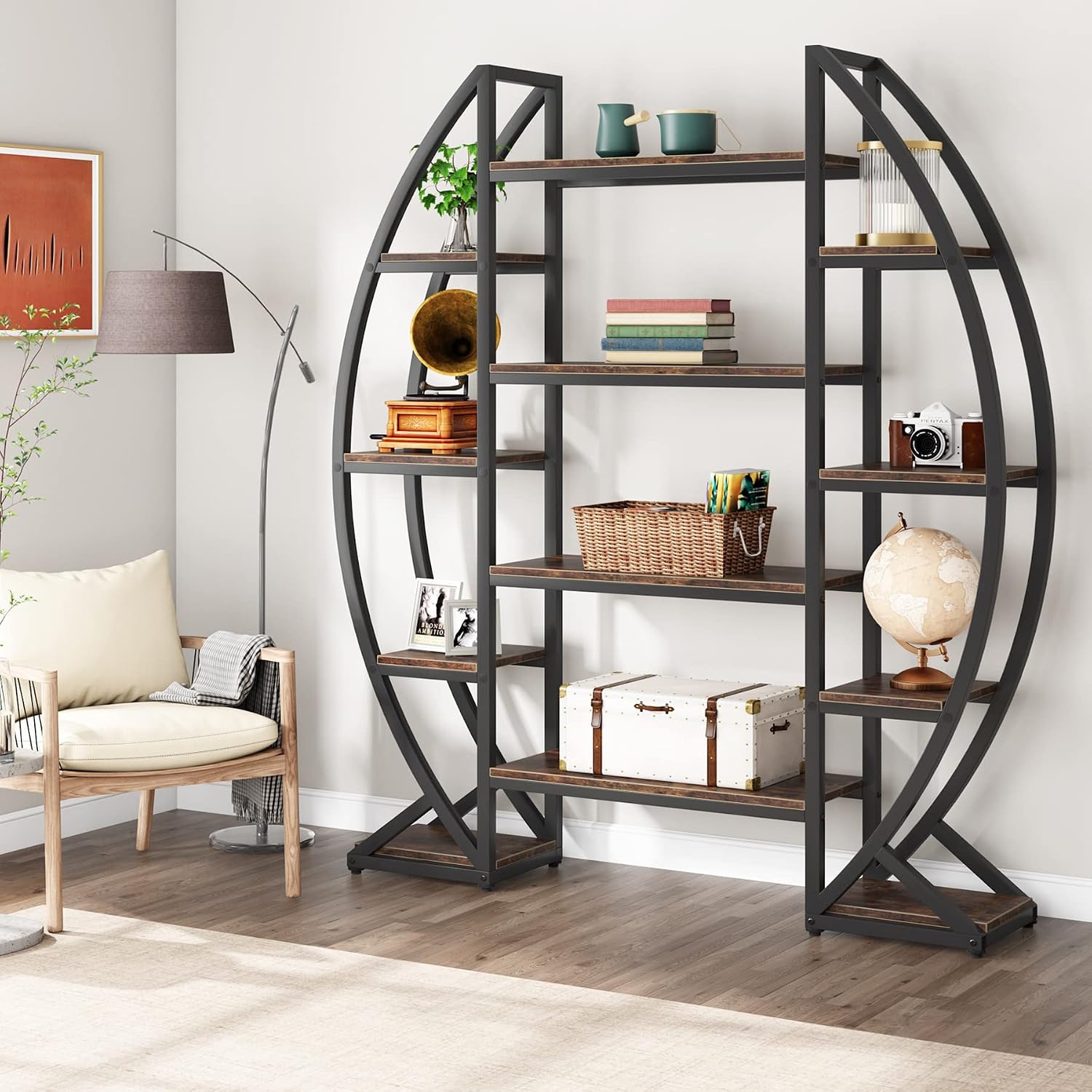 Tribesigns Oval Bookshelf, Triple Wide 5 Tier Etagere Bookcase, Industrial Display Shelves for Living Room (Brown, 55')