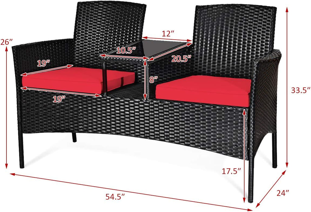 Tangkula Wicker Patio Conversation Furniture Set, Outdoor Furniture Set with Removable Cushions & Table, Tempered Glass Top, Modern Rattan Bench for Garden Lawn Backyard