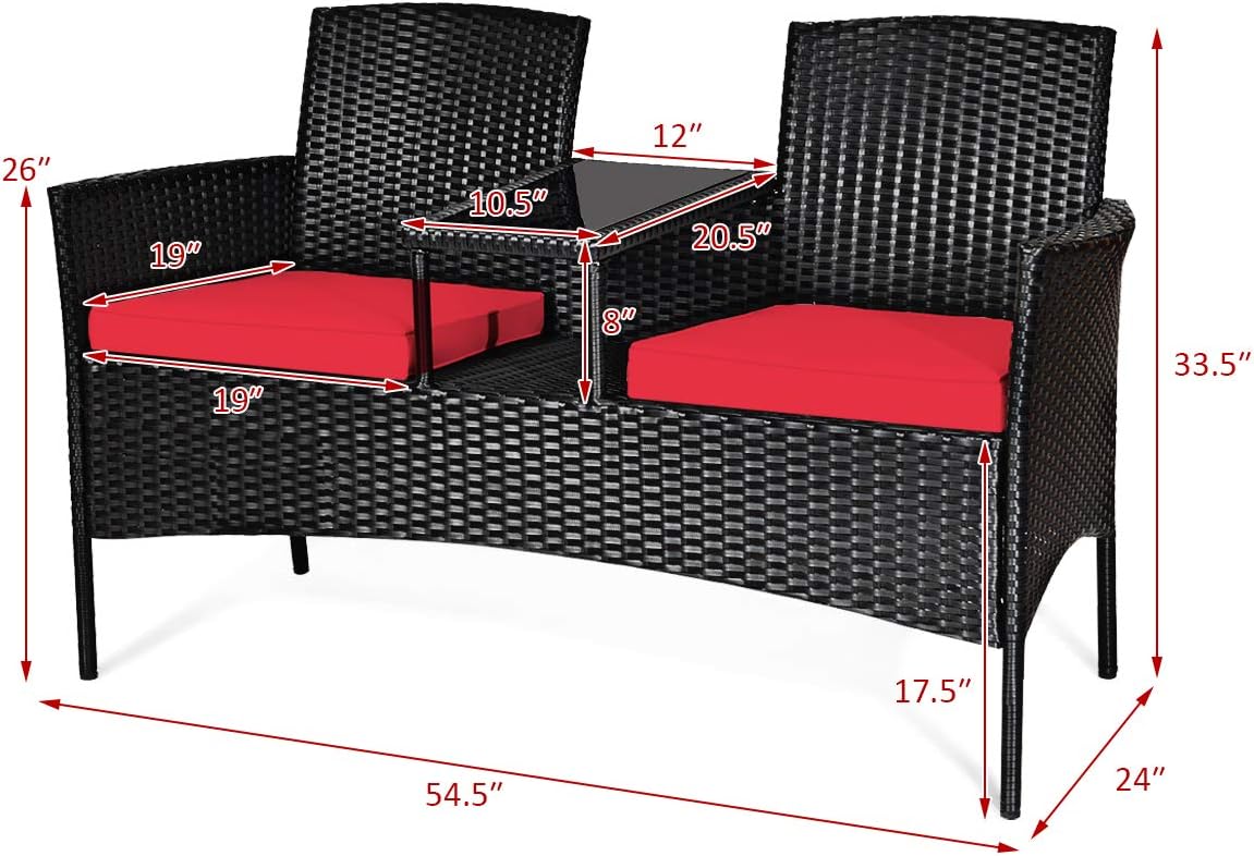 Tangkula Wicker Patio Conversation Furniture Set, Outdoor Furniture Set with Removable Cushions & Table, Tempered Glass Top, Modern Rattan Bench for Garden Lawn Backyard