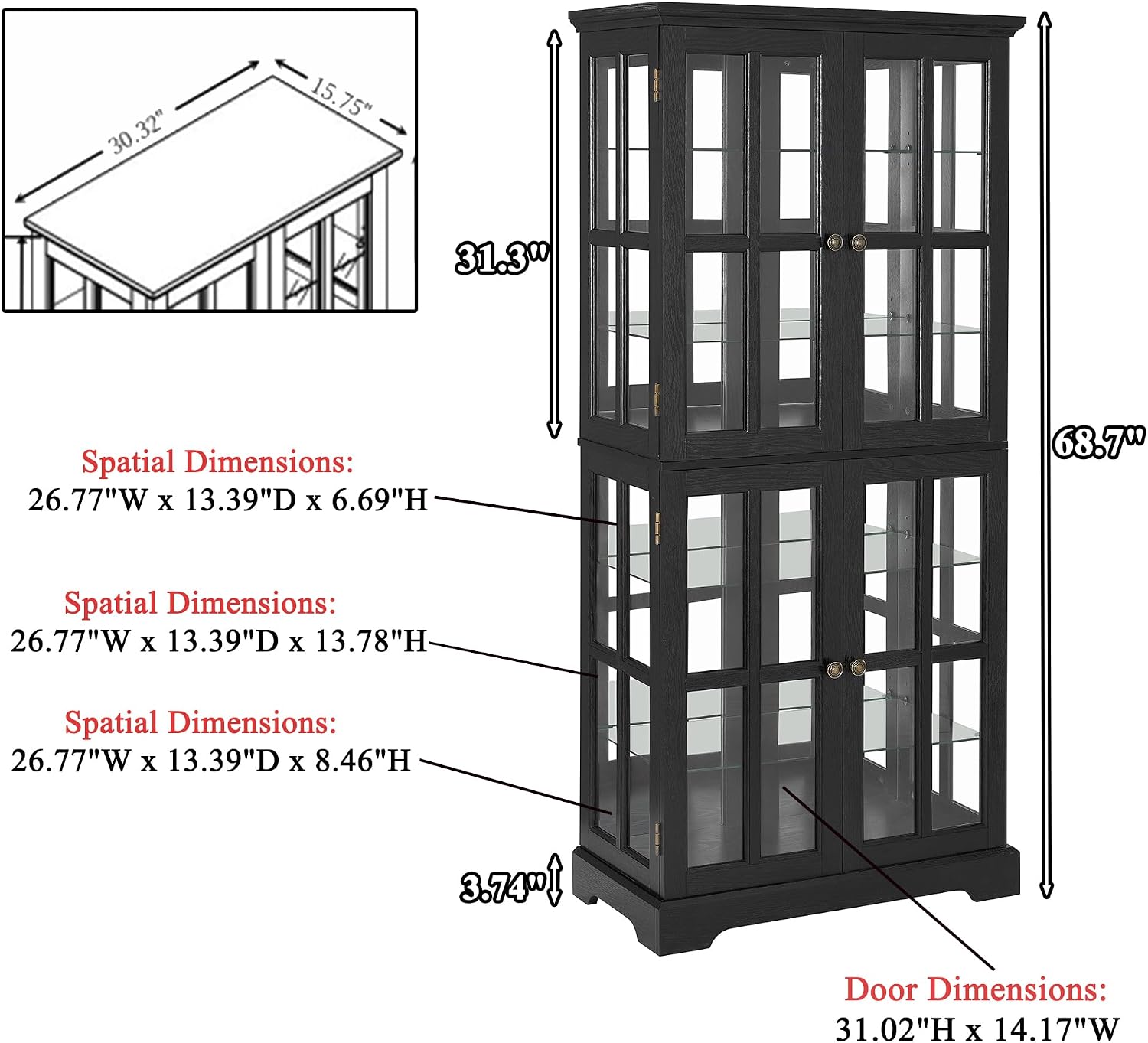 68' H Glass Curio Display Cabinet with Light, 6-Tier Wooden Storage Showcase w/ 4 Glass Doors & Adjustable Shelves, Vintage Accent Cabinet w/Mirrored Back Pane for Home & Office (Black)