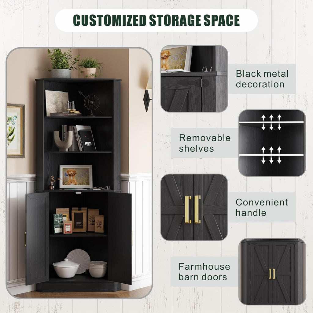 TAGELIER Farmhouse Corner Cabinet with LED Light, 67' Tall Bathroom Cabinet with 2 Doors and 3 Tier Shelves, Free Standing Corner Storage Cabinet for Living Room or Kitchen, Black