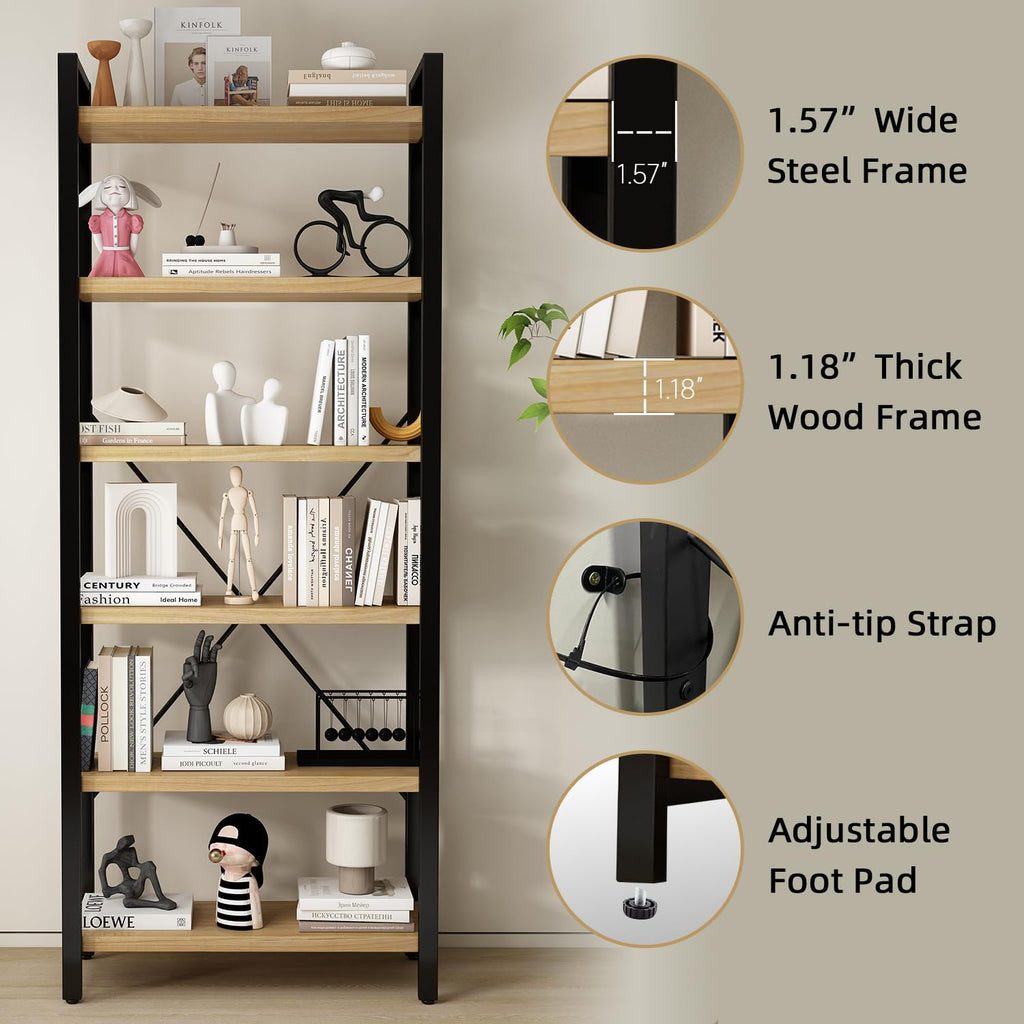 WH-AOERPUMY Real Solid Wood Rustic Vintage Industrial Etagere Bookshelf, Metal & Timber Free Vintage Bookcase, Retro Brown (Genuine Timber) (6-Tiers-Natural Finish)