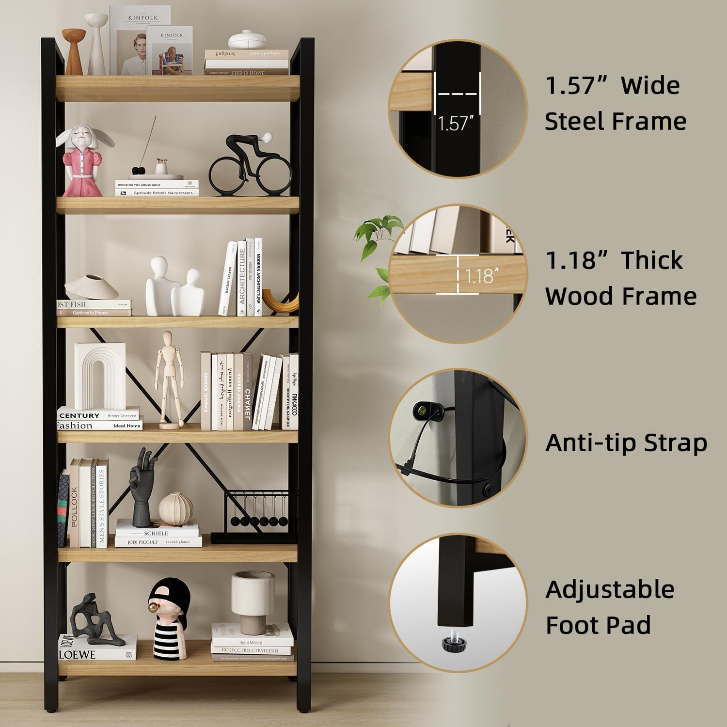 WH-AOERPUMY Real Solid Wood Rustic Vintage Industrial Etagere Bookshelf, Metal & Timber Free Vintage Bookcase, Retro Brown (Genuine Timber) (6-Tiers-Natural Finish)