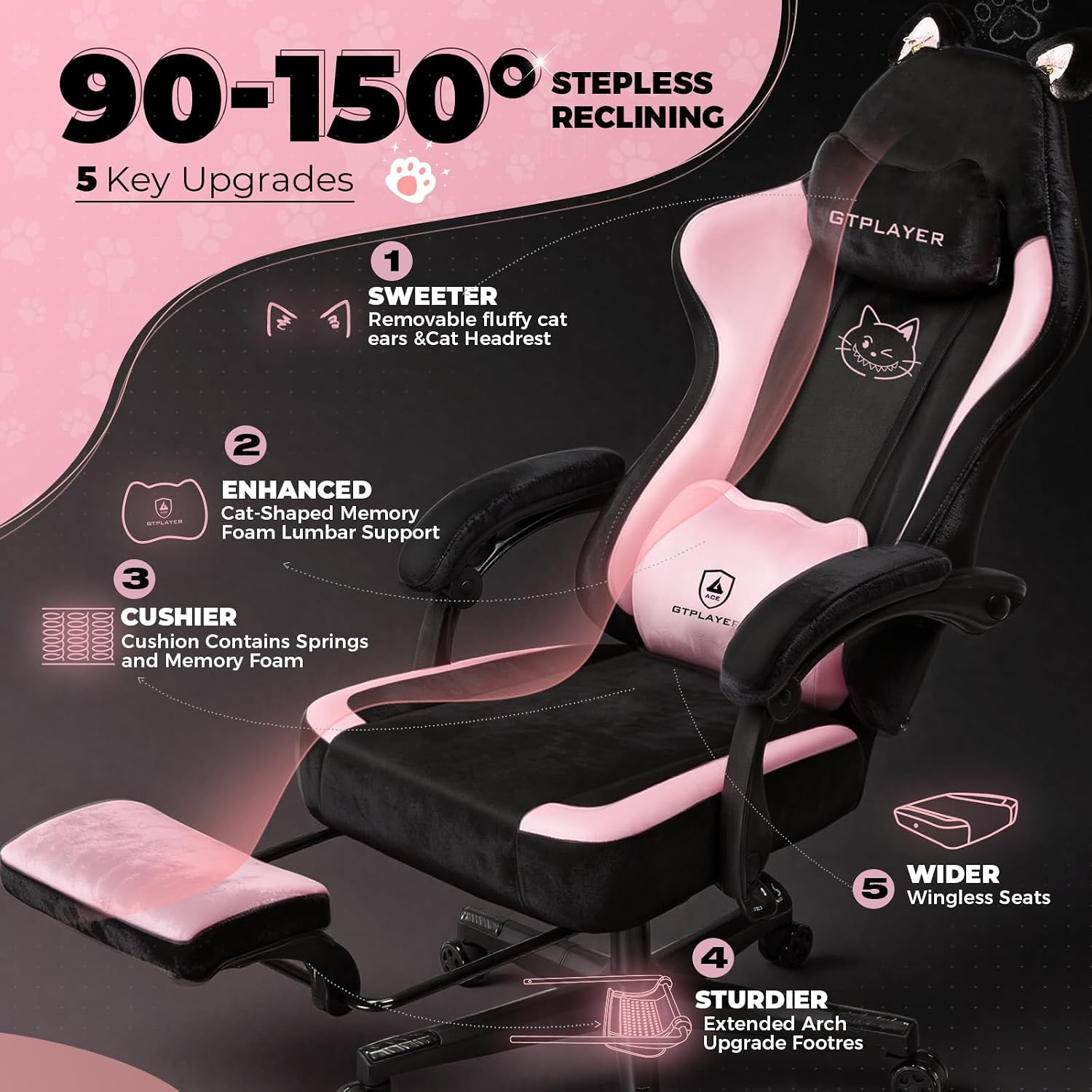 GTPLAYER Pink Gaming Chair Cute with Cat Ears Ergonomic Computer Chair with Cat Embroidery Adjustable Memory Foam Lumbar Support and Headrest Comfortable Reclining Office Chair Soft Velvet Fabric