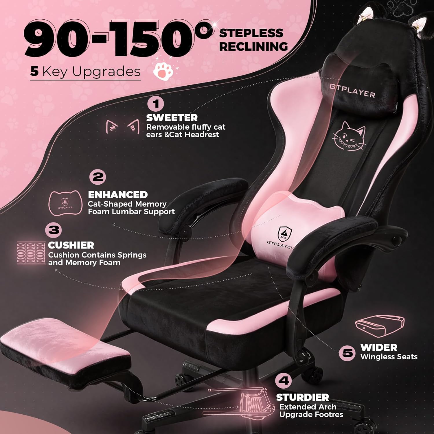 GTPLAYER Pink Gaming Chair Cute with Cat Ears Ergonomic Computer Chair with Cat Embroidery Adjustable Memory Foam Lumbar Support and Headrest Comfortable Reclining Office Chair Soft Velvet Fabric