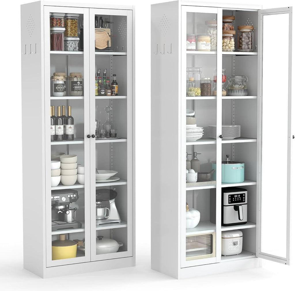Full Glass Door Steel Pantry Cabinet 71' Tall Metal Kitchen Storage Organizer with Adjustable Shelves, Double Glass Doors Storage Cabinet for Kitchen, Dining Room, Garage, Assembly Required