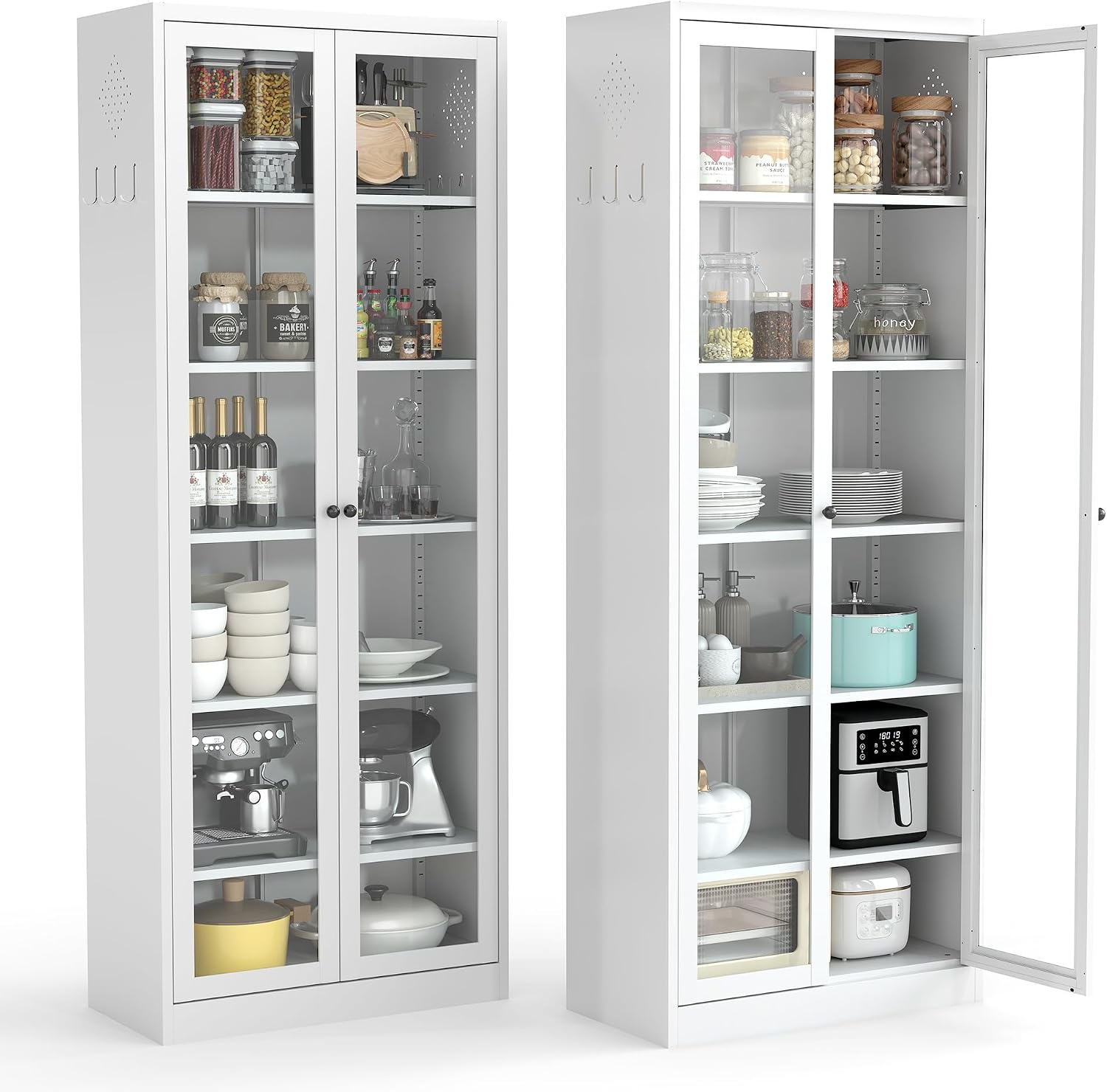 Full Glass Door Steel Pantry Cabinet 71' Tall Metal Kitchen Storage Organizer with Adjustable Shelves, Double Glass Doors Storage Cabinet for Kitchen, Dining Room, Garage, Assembly Required