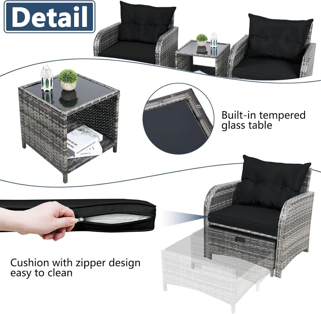 5 Pieces PE Wicker Outdoor Chairs with Ottoman, 5 PCS Rattan Patio Furniture Chairs with Pull Out Ottoman & Side Table for Porch Balcony Sunroom, Black