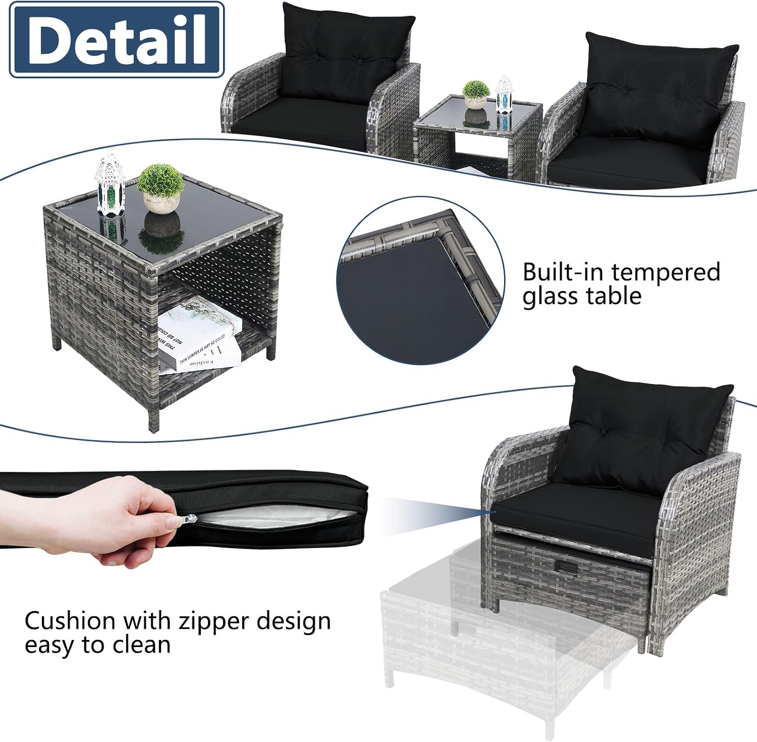 5 Pieces PE Wicker Outdoor Chairs with Ottoman, 5 PCS Rattan Patio Furniture Chairs with Pull Out Ottoman & Side Table for Porch Balcony Sunroom, Black