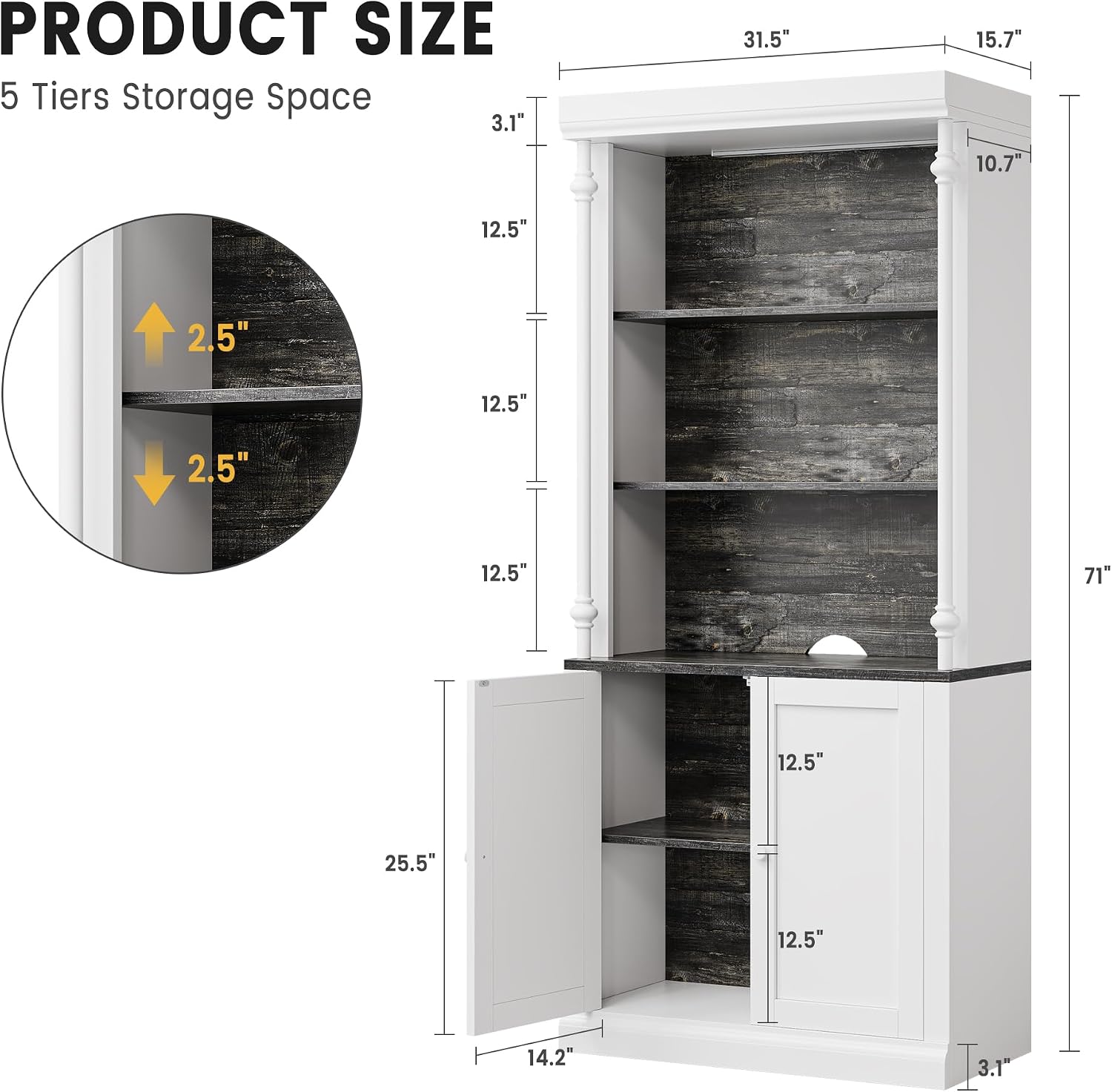 IDEALHOUSE White Bookshelf with Storage Cabinet, 5-Tier Display Cabinet with Light & Doors, Freestanding Display Case for Collectibles Bedroom Living Room Office, White