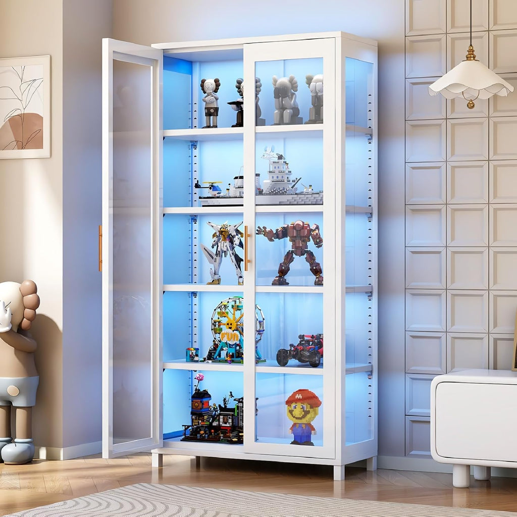 Glass Display Cabinet, 5-Tier Curio Cabinet with Glass Doors, Metal Display Case with Adjustable Shelves, Display Cabinet for Collectibles & Toy Organizer for Home, Office, Playroom, Living Room