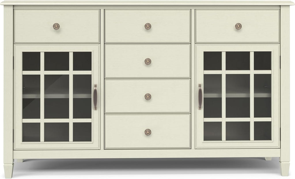 SIMPLIHOME Connaught Buffet - 60 inch Wide Solid Wood 3-Door Sideboard Buffet in Antique White, Traditional Storage Cabinet for Dining Room or Kitchen with Adjustable Shelves and Classic Molding