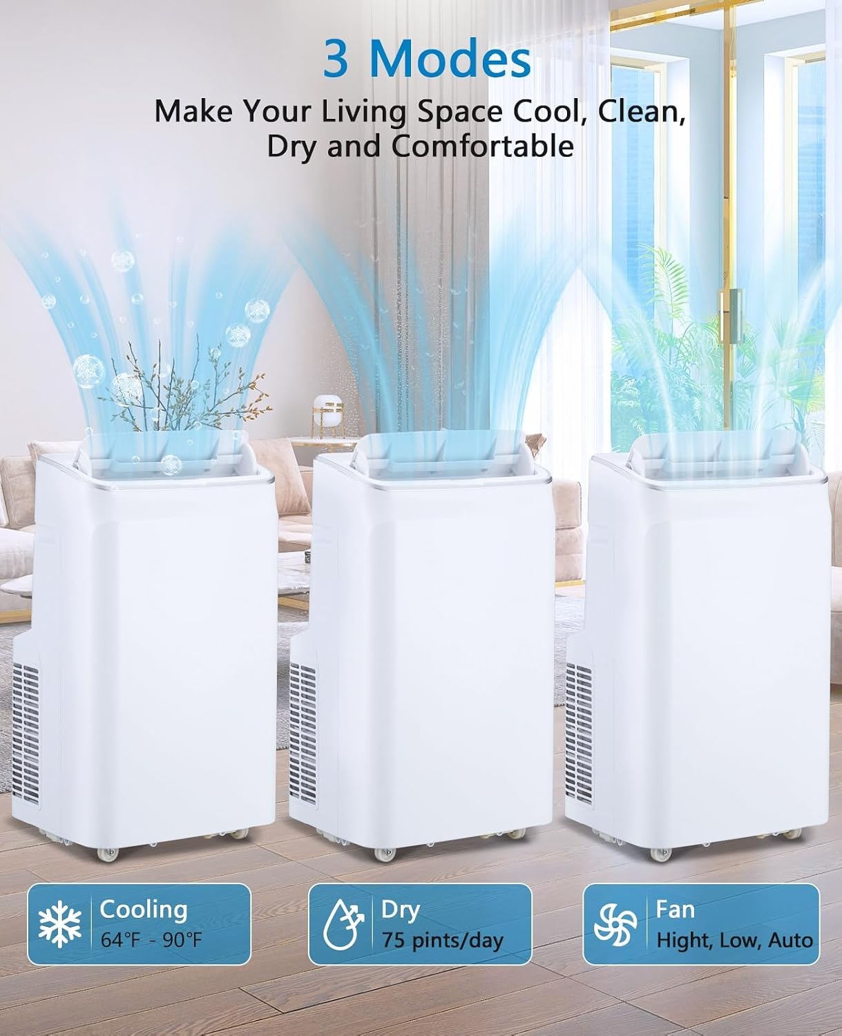 12000 BTU Portable Air Conditioners with Remote Control, 3 in-1 Free Standing Cooling AC Unit with Fan & Dehumidifier, Cools Room up to 500 sq.ft, Auto Swing，Smart Sleep Mode for Bedroom, Indoor Rooms