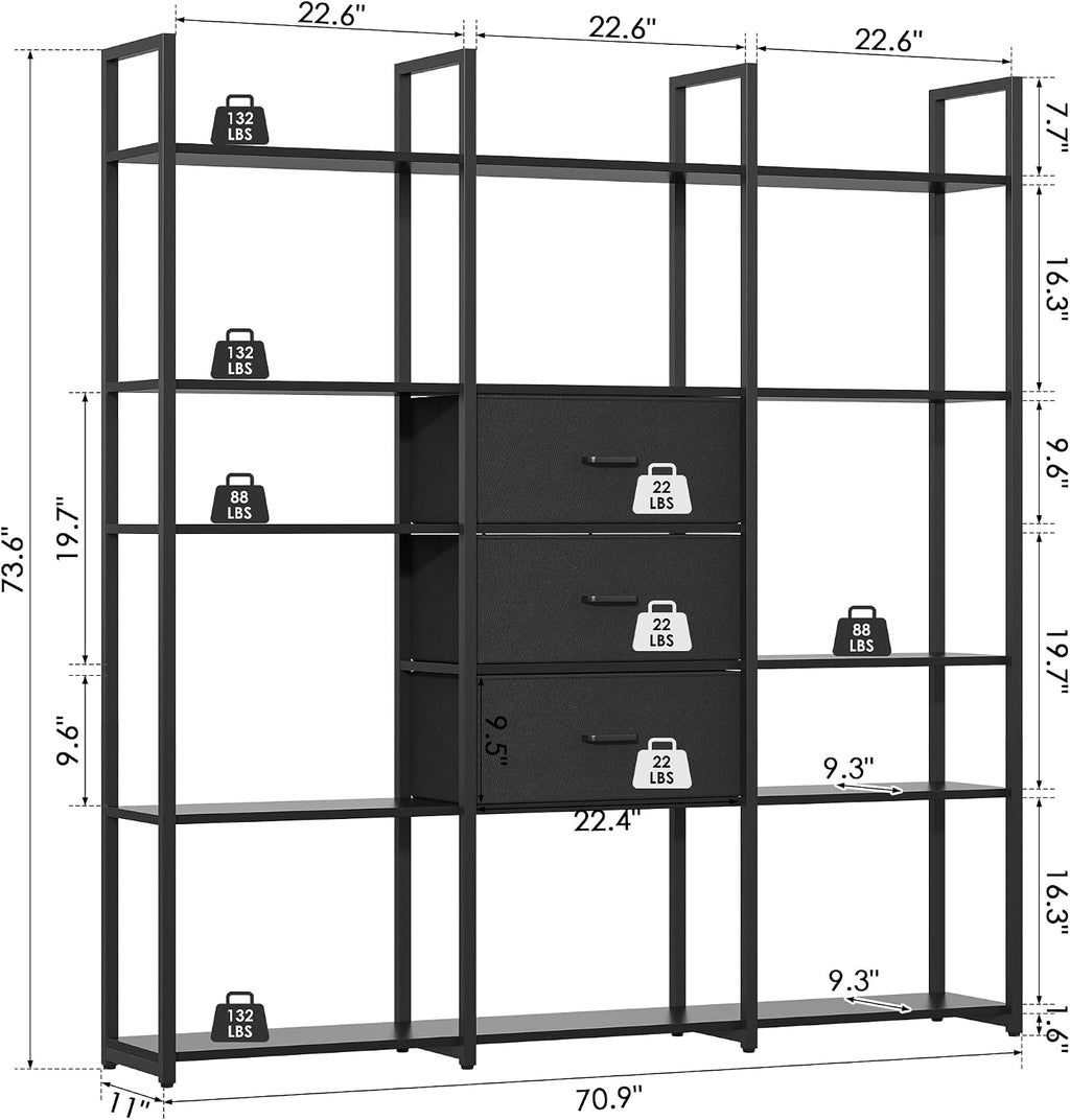 Nosepen 73.6' Tall Bookshelf with 3 Drawers and 16 Storage Shelves, Industrial Bookcase with 16 Open Display Shelves, Large Etagere Bookshelf, Triple Wide Book Shelf Book Case for Home & Office, Black