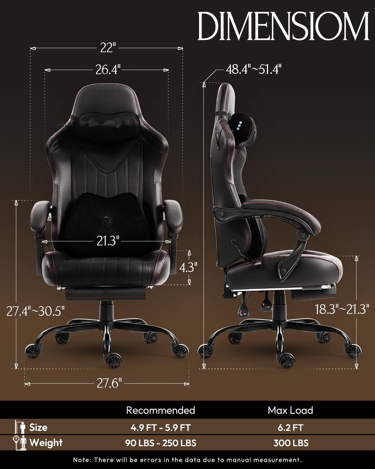 Dowinx Gaming Video Gaming Chair with Shiatsu Neck Massage and Lumbar Support for Home Office High Back Recliner Height Adjustable Ergonomic Comfy Leather Computer Desk Chair (Black)